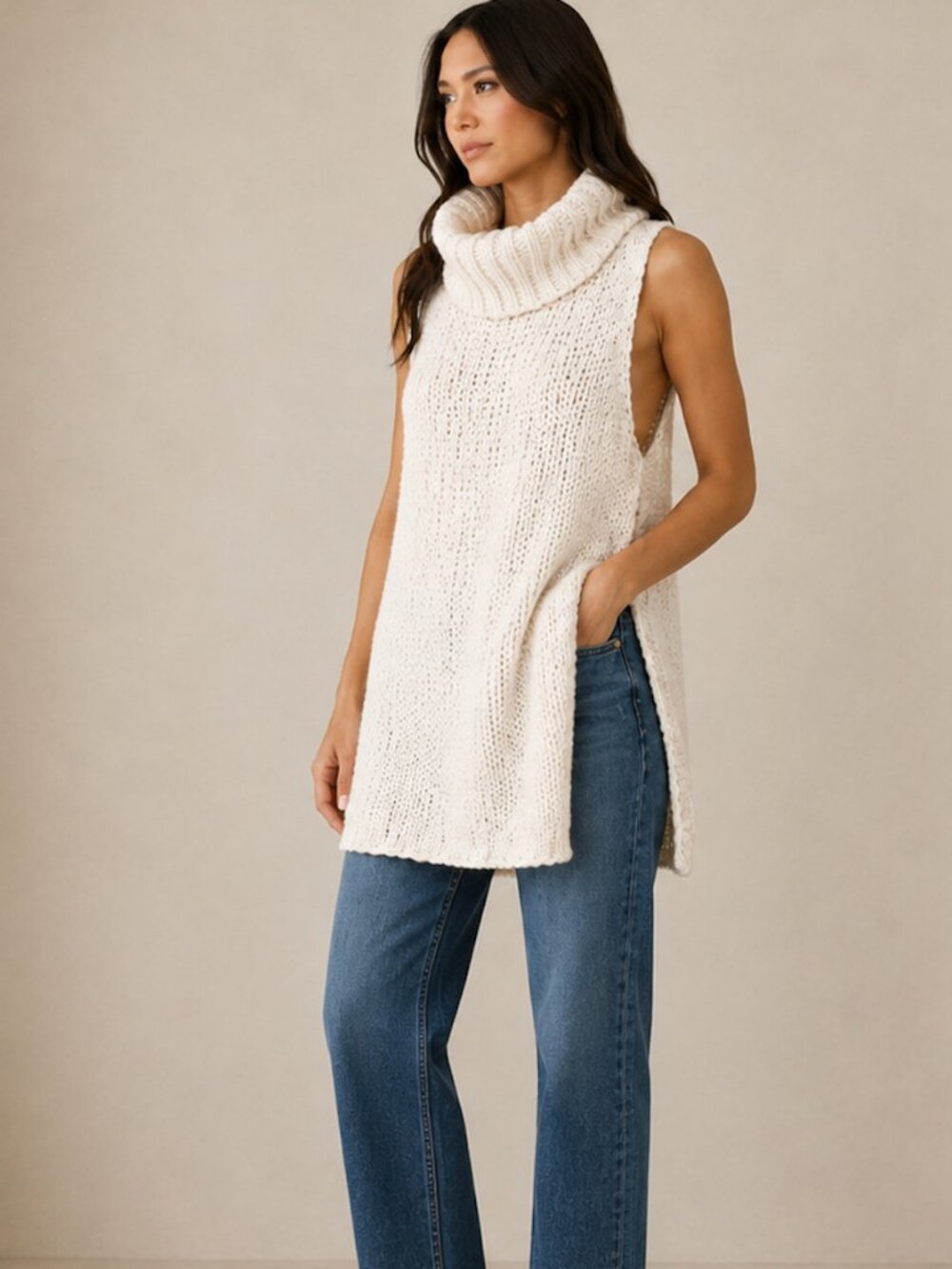 FREE PEOPLE Oversized Sleeveless Chunky Knit Tunic Sweater Cream Cowl Neck Boho